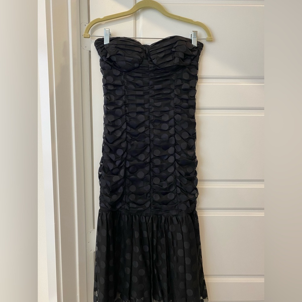 Ali & Jay Leanne Black Polka Dot Ruched Mesh Strapless Midi Dress